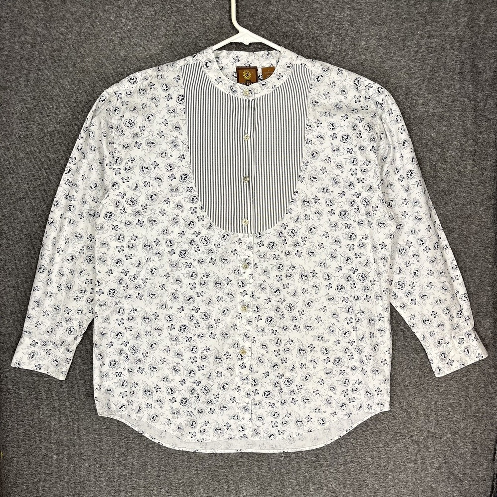 High Sierra Button up Tunic Blouse Women's Large White Floral Contrast Collar